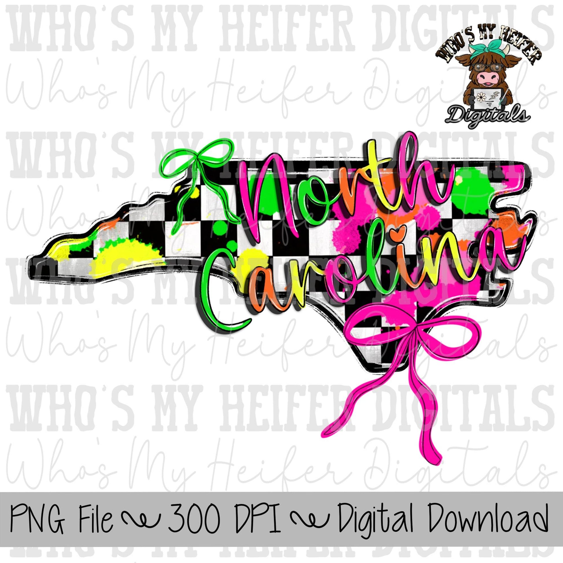 Checkered State of North Carolina PNG Hand Drawn Carolina with Bow Sublimation PNG Retro 90's Shirt Design Bright Colors Paint Splatter