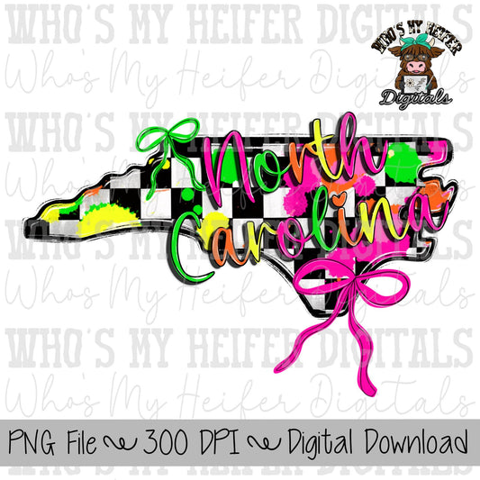 Checkered State of North Carolina PNG Hand Drawn Carolina with Bow Sublimation PNG Retro 90's Shirt Design Bright Colors Paint Splatter