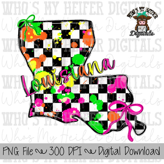 Checkered State of Louisiana PNG Hand Drawn Louisiana with Bow Sublimation PNG Retro 90's Shirt Design Bright Colors Paint Splatter Doodle