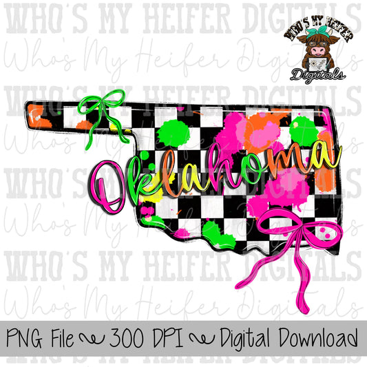 Checkered State of Oklahoma PNG Hand Drawn Oklahoma with Bow Sublimation PNG Retro 90's Shirt Design Bright Colors Paint Splatter Doodle Art