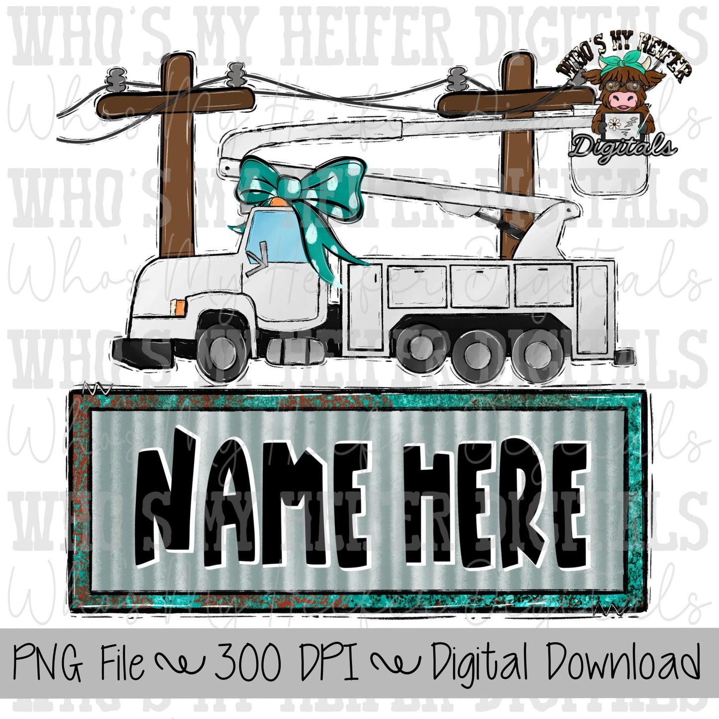 Power line Truck with Name Block Sublimation PNG Hand Drawn Boom Truck with Bow PNG Kids Shirt Design Bucket Truck Doodle Art