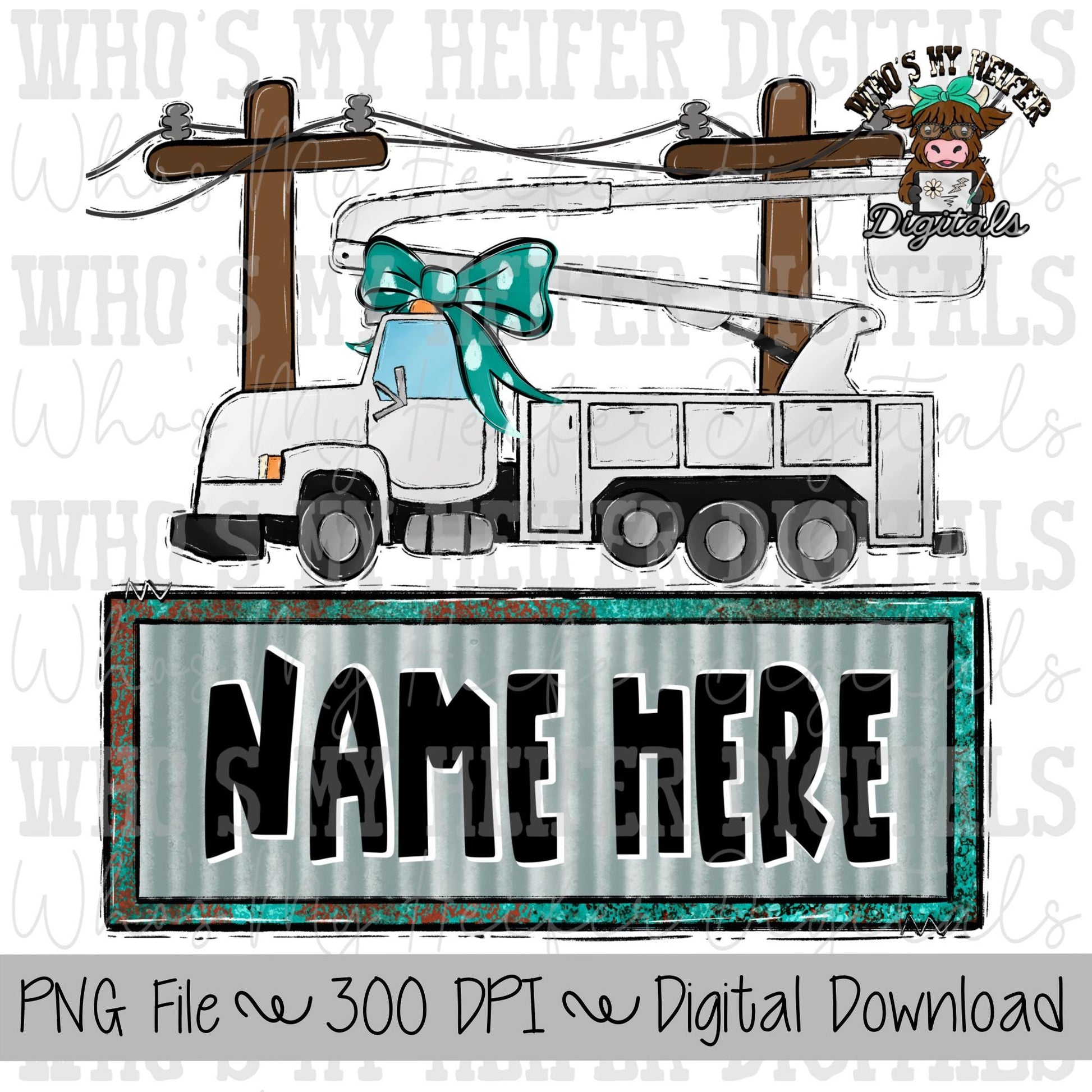 Power line Truck with Name Block Sublimation PNG Hand Drawn Boom Truck with Bow PNG Kids Shirt Design Bucket Truck Doodle Art