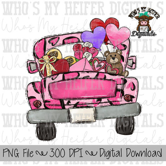 Pink Leopard Valentine's Day Truck Sublimation PNG Hand Drawn Pick up Truck with Balloons, Candy, and Teddy PNG Kids Shirt Design Doodle Art