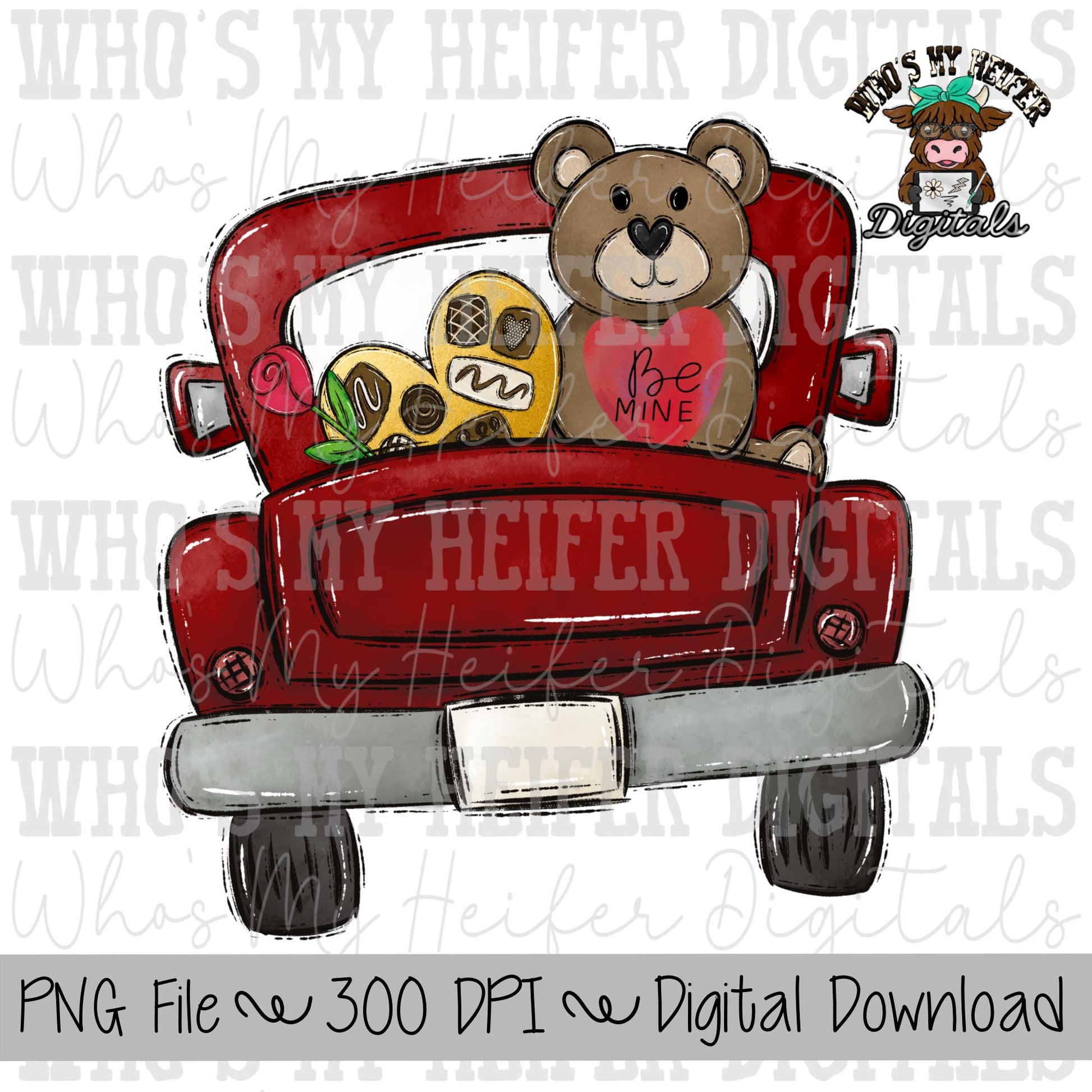Valentine's Day Truck Sublimation PNG Hand Drawn Pick up Truck with Balloons, Candy, and Teddy PNG Kids Shirt Design Doodle Art