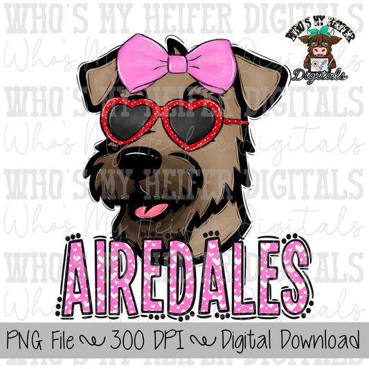 Valentine's Airedales PNG Hand Drawn Airedale with Bow Sublimation PNG Game Day Shirt Designs School Spirit PNG Hearts Airedale Kid Mascot