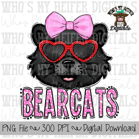 Valentine's Day Bearcats PNG Hand Drawn Bearcat with Bow Sublimation PNG Game Day Shirt Design School Spirit Hearts Bearcats Doodle