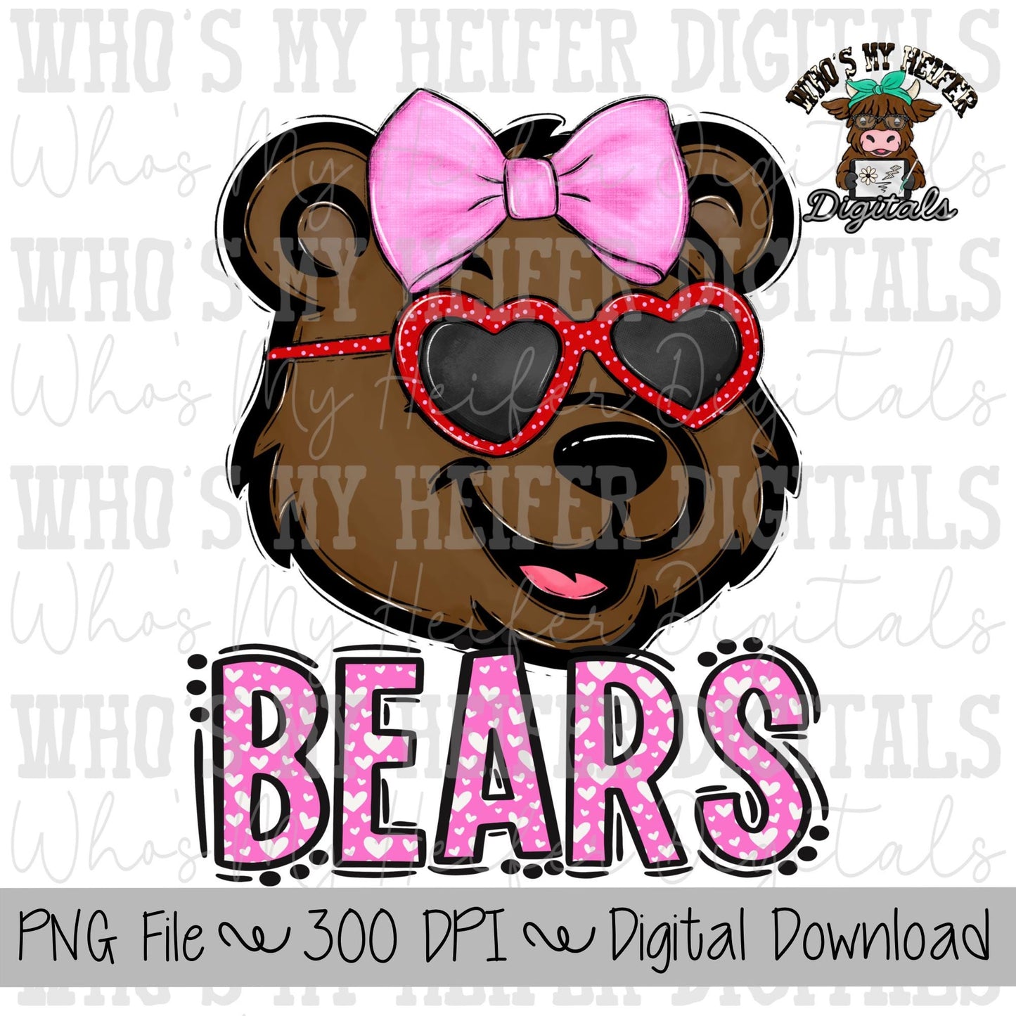 Valentine's Day Bears PNG Hand Drawn Bear with Bow Sublimation PNG Game Day Shirt Designs School Spirit PNG Hearts Bear Digital Download