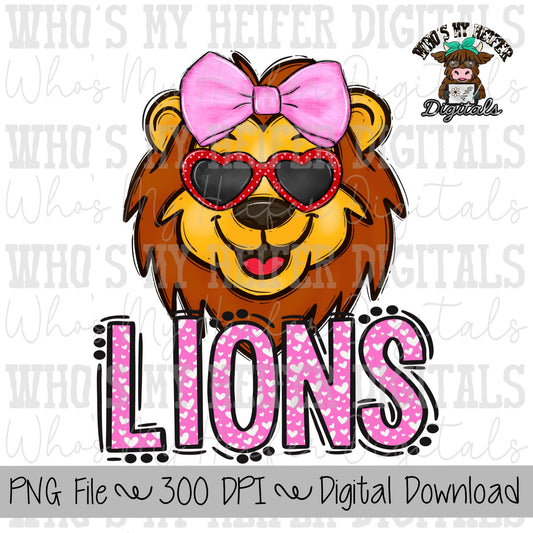 Valentine's Day Lions PNG Hand Drawn Lions with Bow Sublimation PNG Game Day Shirt Design School Spirit PNG Heart Lion Doodle Art