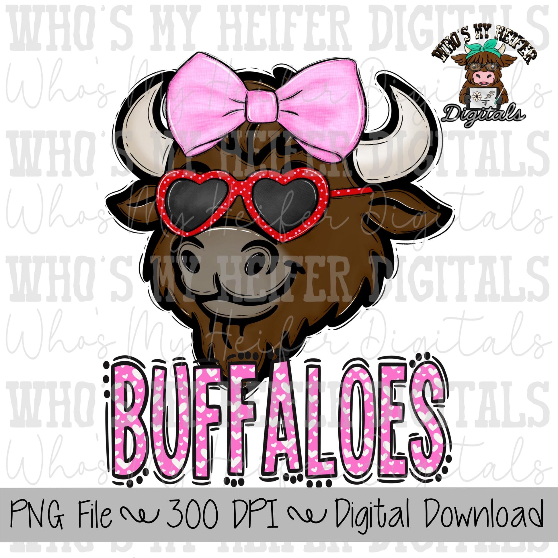Valentine's Day Buffalo PNG Hand Drawn Buffalo with Bow Sublimation PNG Game Day Shirt Designs School Spirit PNG Heart Buffaloes Doodle Art