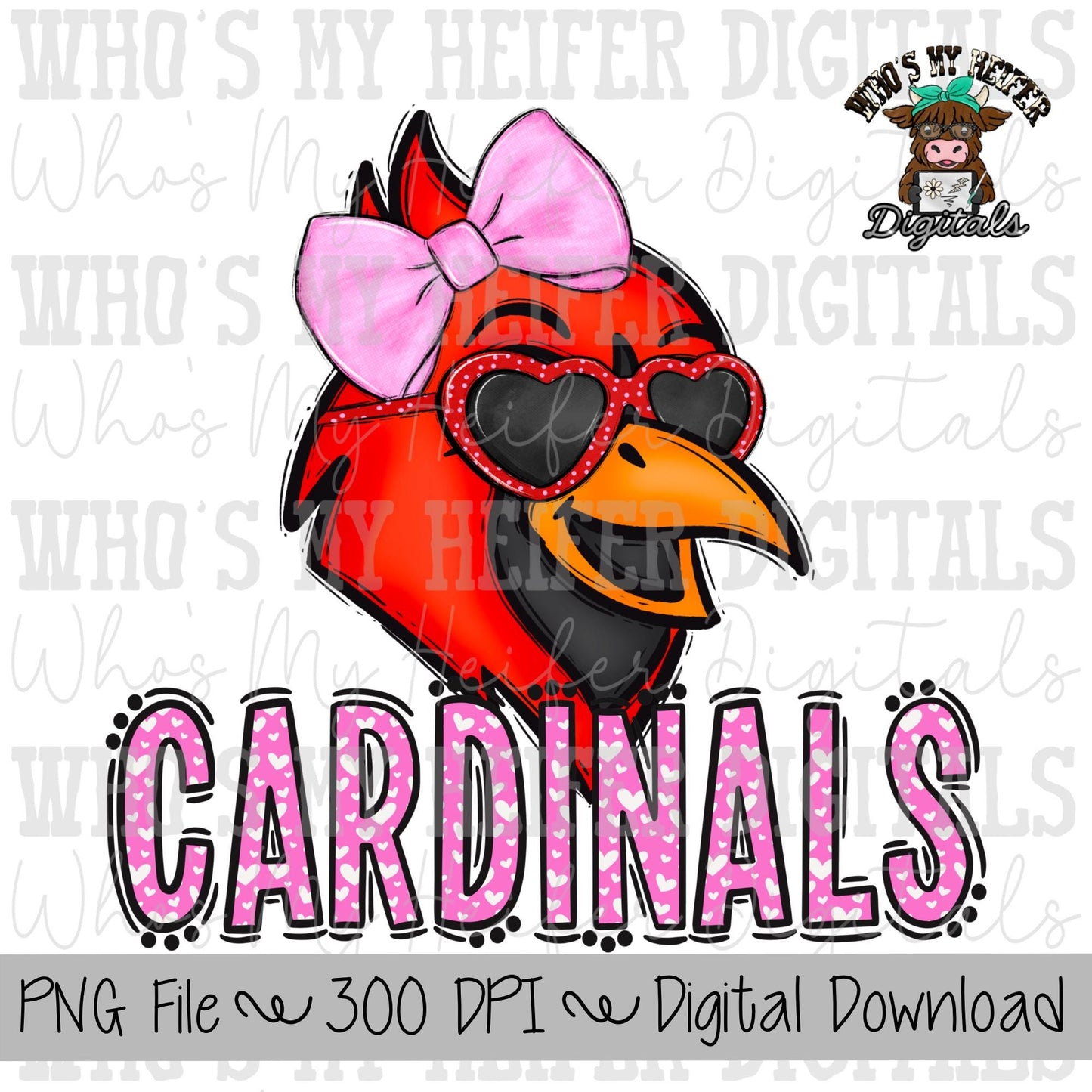 Valentine's Day Cardinal PNG Hand Drawn Cardinal with Bow Sublimation PNG Game Day Shirt Designs School Spirit PNG Heart Cardinal Doodle Art