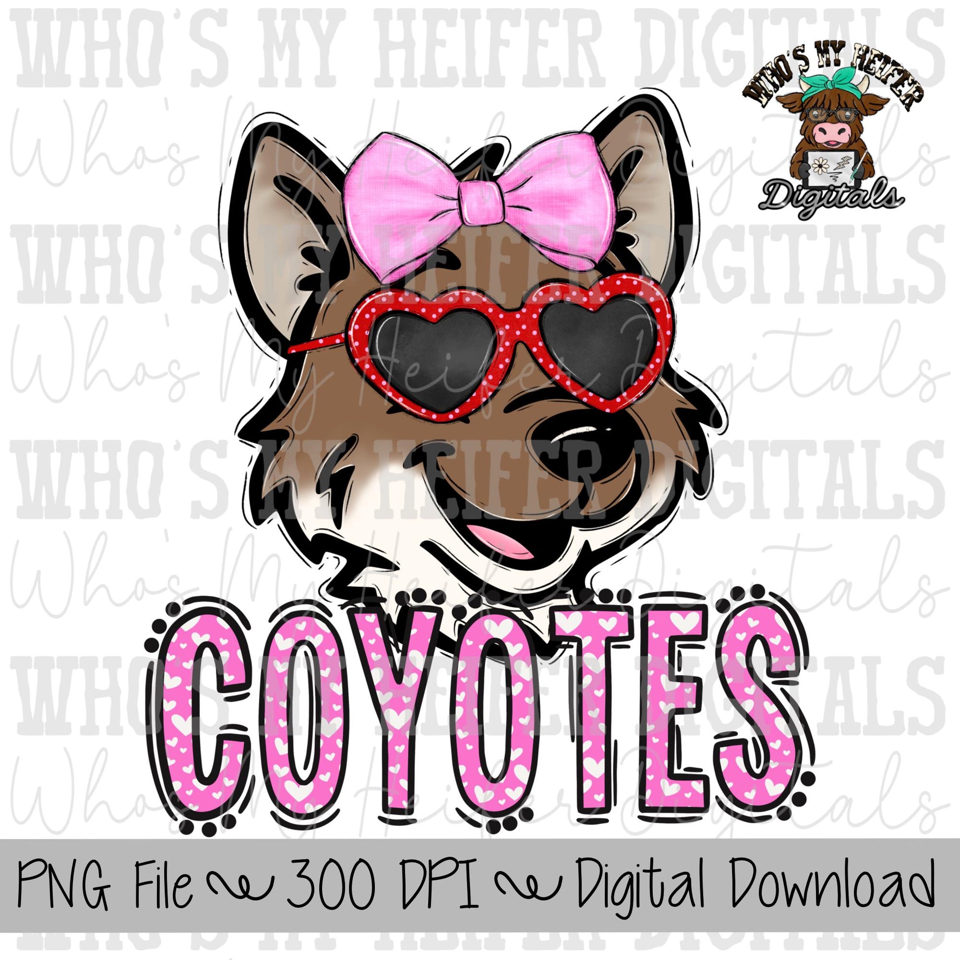 Valentine's Day Coyotes PNG Hand Drawn Coyote with Bow Sublimation PNG Game Day Shirt Design School Spirit Heart Coyote Doodle