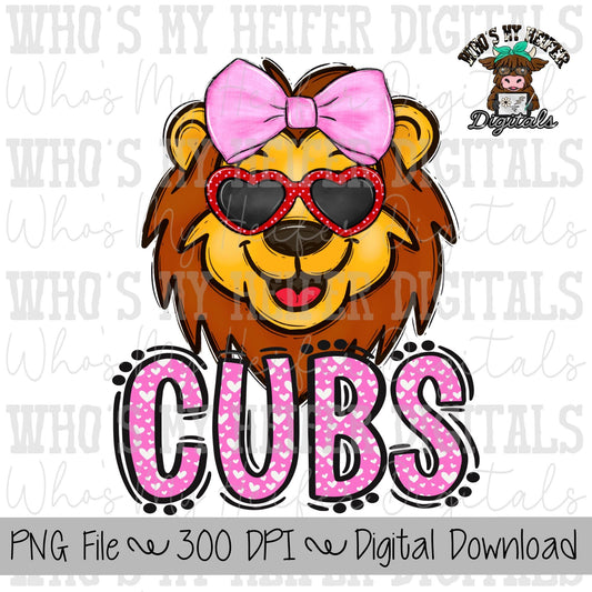 Valentine's Day Cubs PNG Hand Drawn Cubs with Bow Sublimation PNG Game Day Shirt Design School Spirit Heart Cub Doodle Art