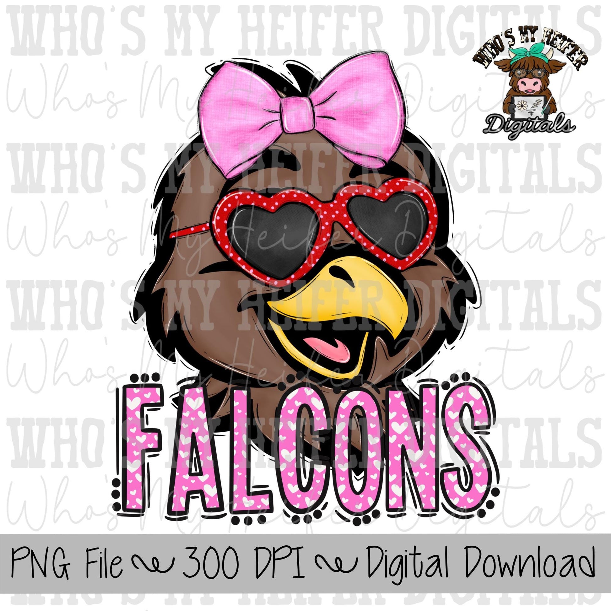 Valentine's Day Falcons PNG Hand Drawn Falcon with Bow Sublimation PNG Game Day Shirt Design School Spirit PNG Heart Falcon Doodle Art