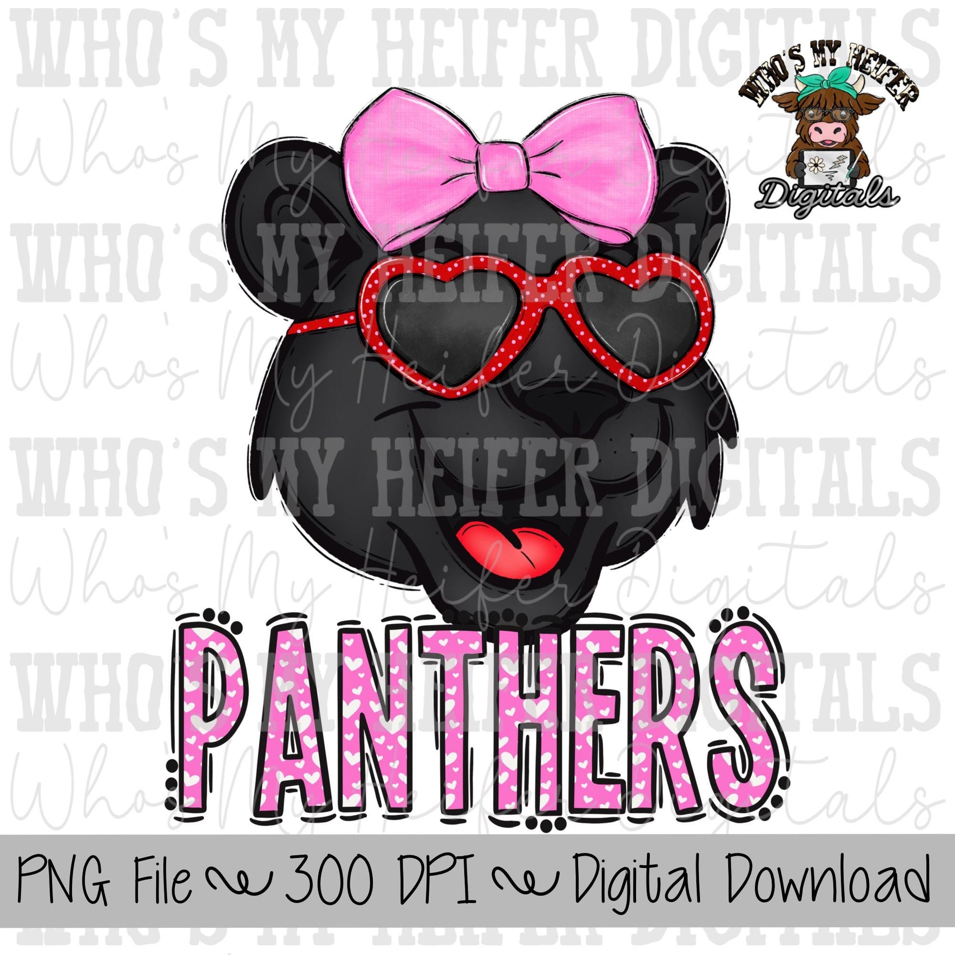 Valentine's Day Panthers PNG Hand Drawn Panther with Bow Sublimation PNG Game Day Shirt Design School Spirit PNG Heart Panther Doodle Art