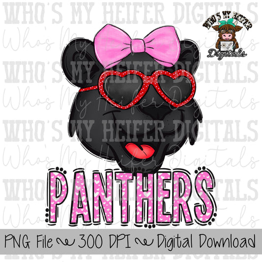 Valentine's Day Panthers PNG Hand Drawn Panther with Bow Sublimation PNG Game Day Shirt Design School Spirit PNG Heart Panther Doodle Art