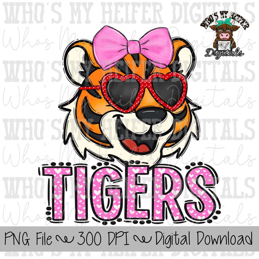 Valentine's Day Tiger PNG Hand Drawn Tiger with Bow Sublimation PNG Game Day Shirt Designs School Spirit PNG Heart Tiger Digital Download
