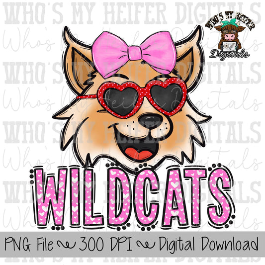 Valentine's Day Wildcat PNG Hand Drawn Wildcat with Bow Sublimation PNG Game Day Shirt Designs School Spirit PNG Heart Wildcats Doodle Art