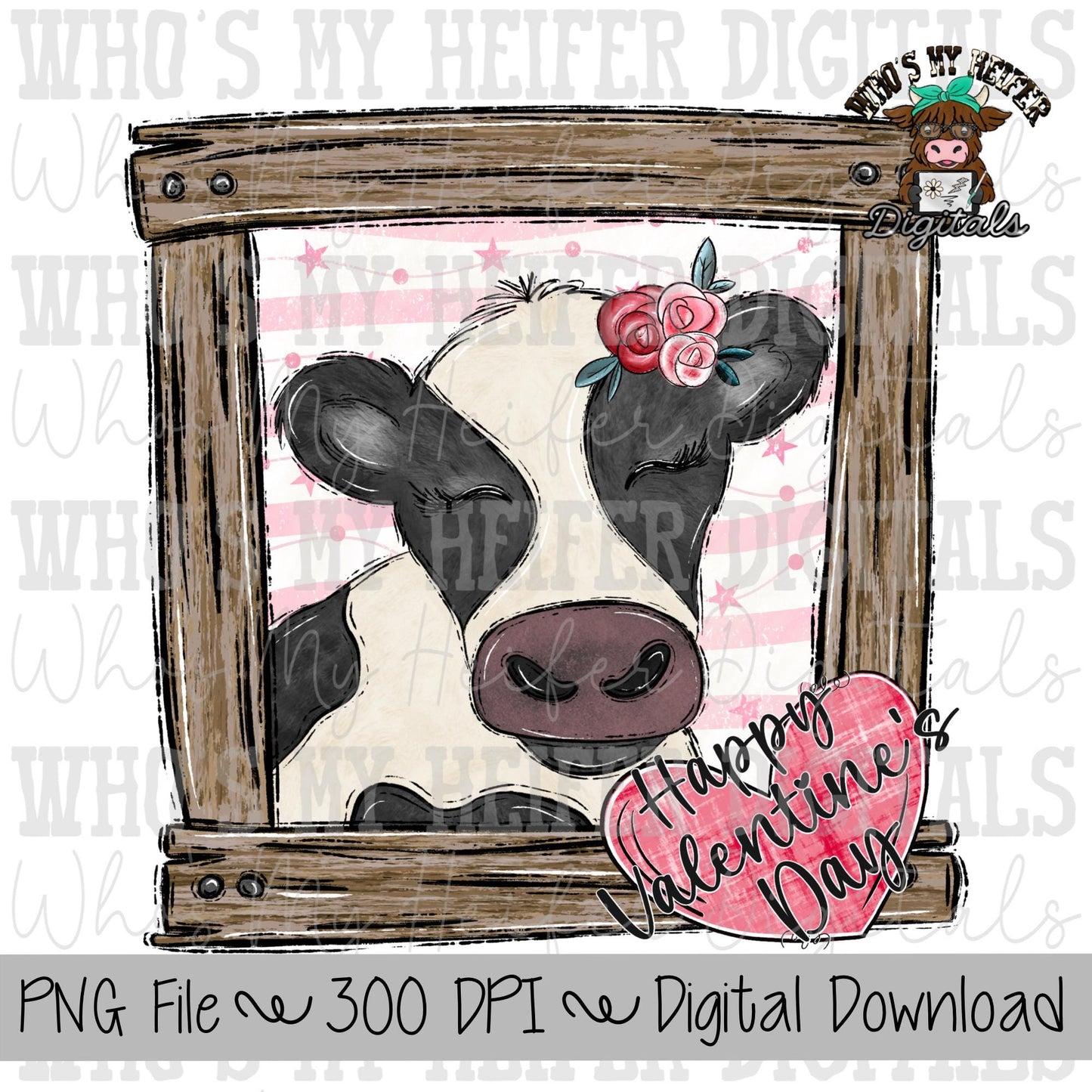 Happy Valentine's Day Cow Sublimation PNG Hand Drawn Cow with Frame PNG Kids Shirt Design Heifer Doodle Art Valentines Digital Download