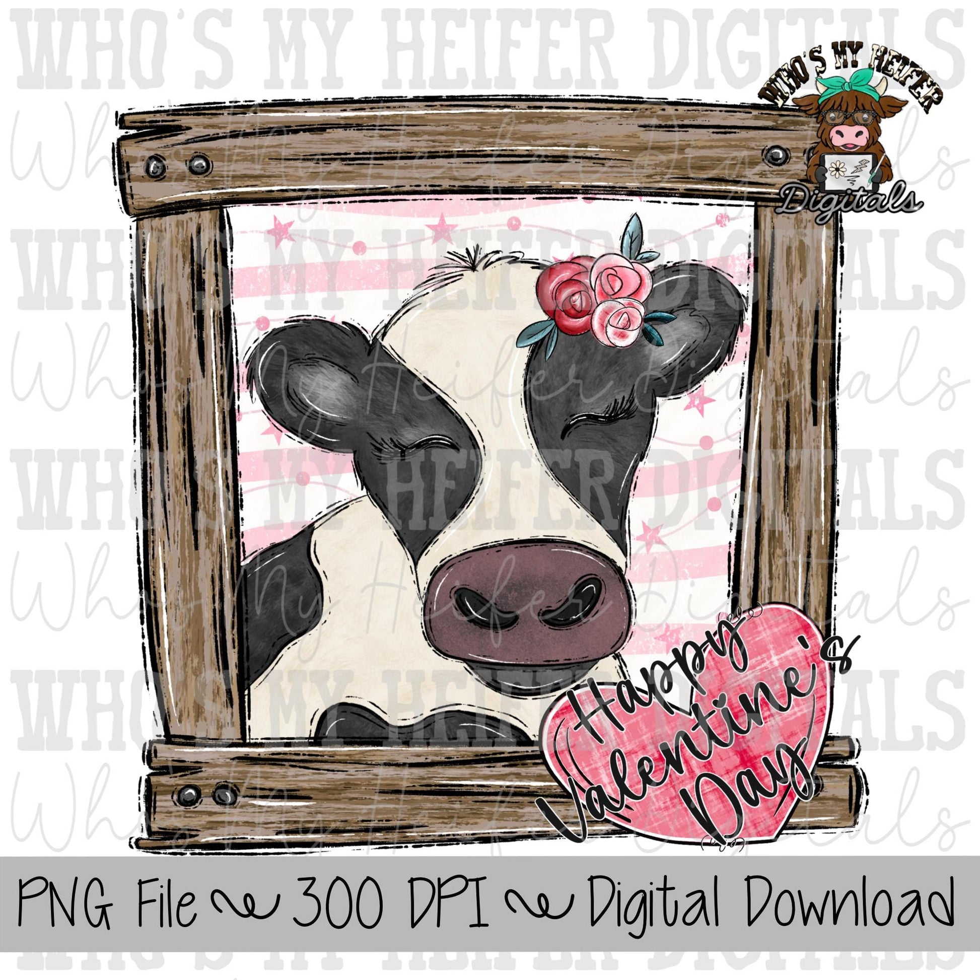Happy Valentine's Day Cow Sublimation PNG Hand Drawn Cow with Frame PNG Kids Shirt Design Heifer Doodle Art Valentines Digital Download