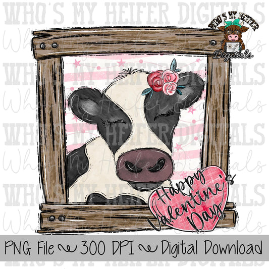 Happy Valentine's Day Cow Sublimation PNG Hand Drawn Cow with Frame PNG Kids Shirt Design Heifer Doodle Art Valentines Digital Download