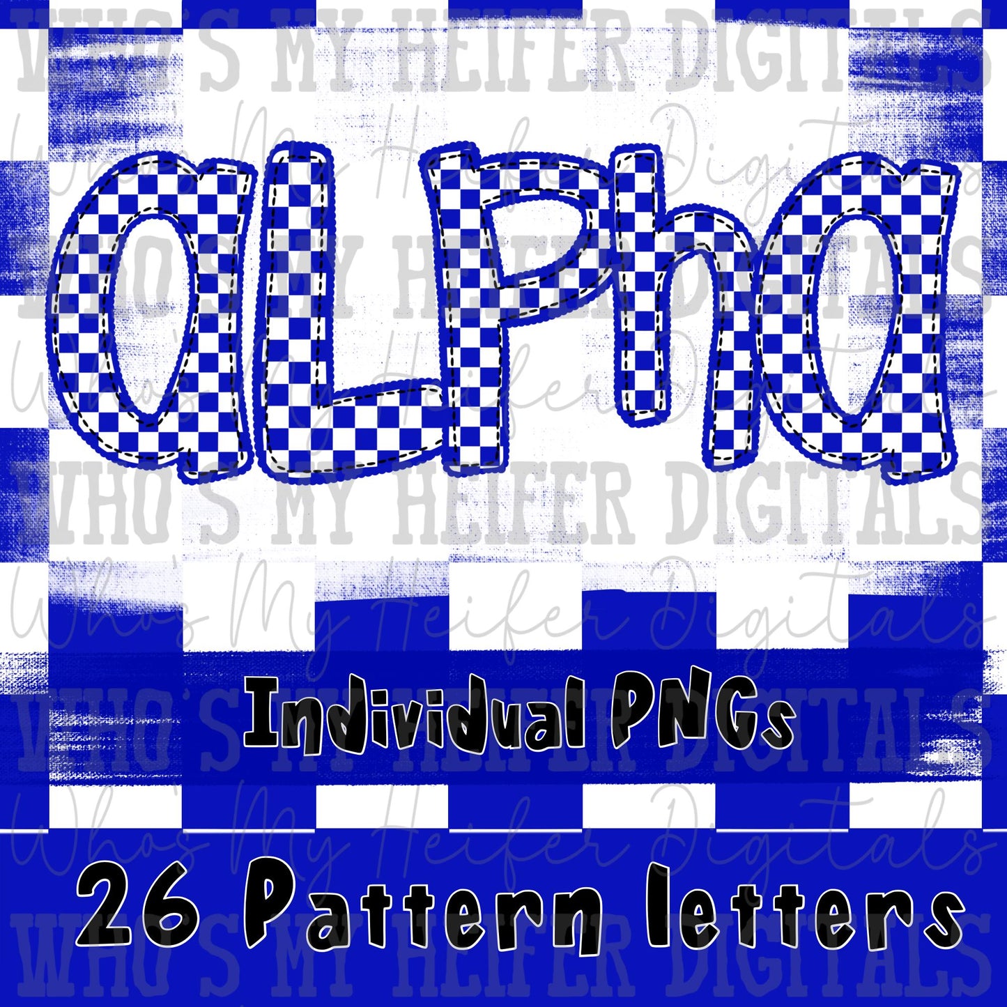 Blue Checkered Scalloped Alpha Font Hand Drawn Checkerboard with Scalloped Outline PNG Font Sublimation Digital Doodle Letters
