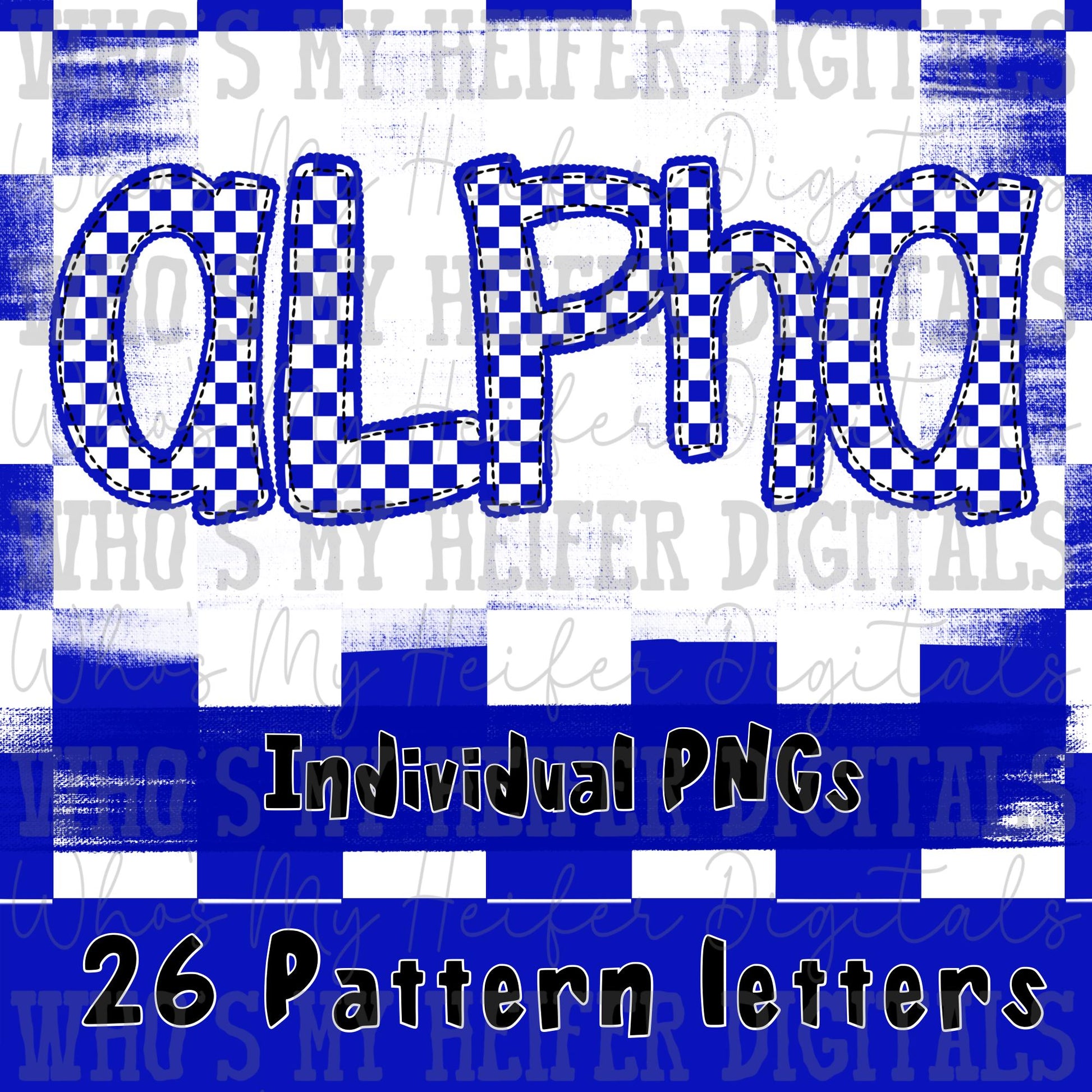 Blue Checkered Scalloped Alpha Font Hand Drawn Checkerboard with Scalloped Outline PNG Font Sublimation Digital Doodle Letters