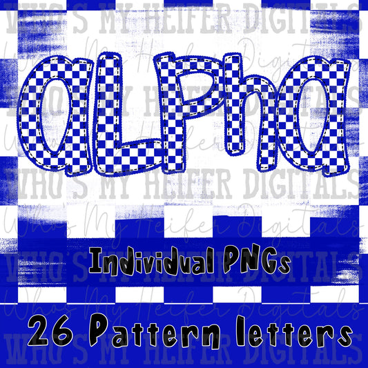 Blue Checkered Scalloped Alpha Font Hand Drawn Checkerboard with Scalloped Outline PNG Font Sublimation Digital Doodle Letters