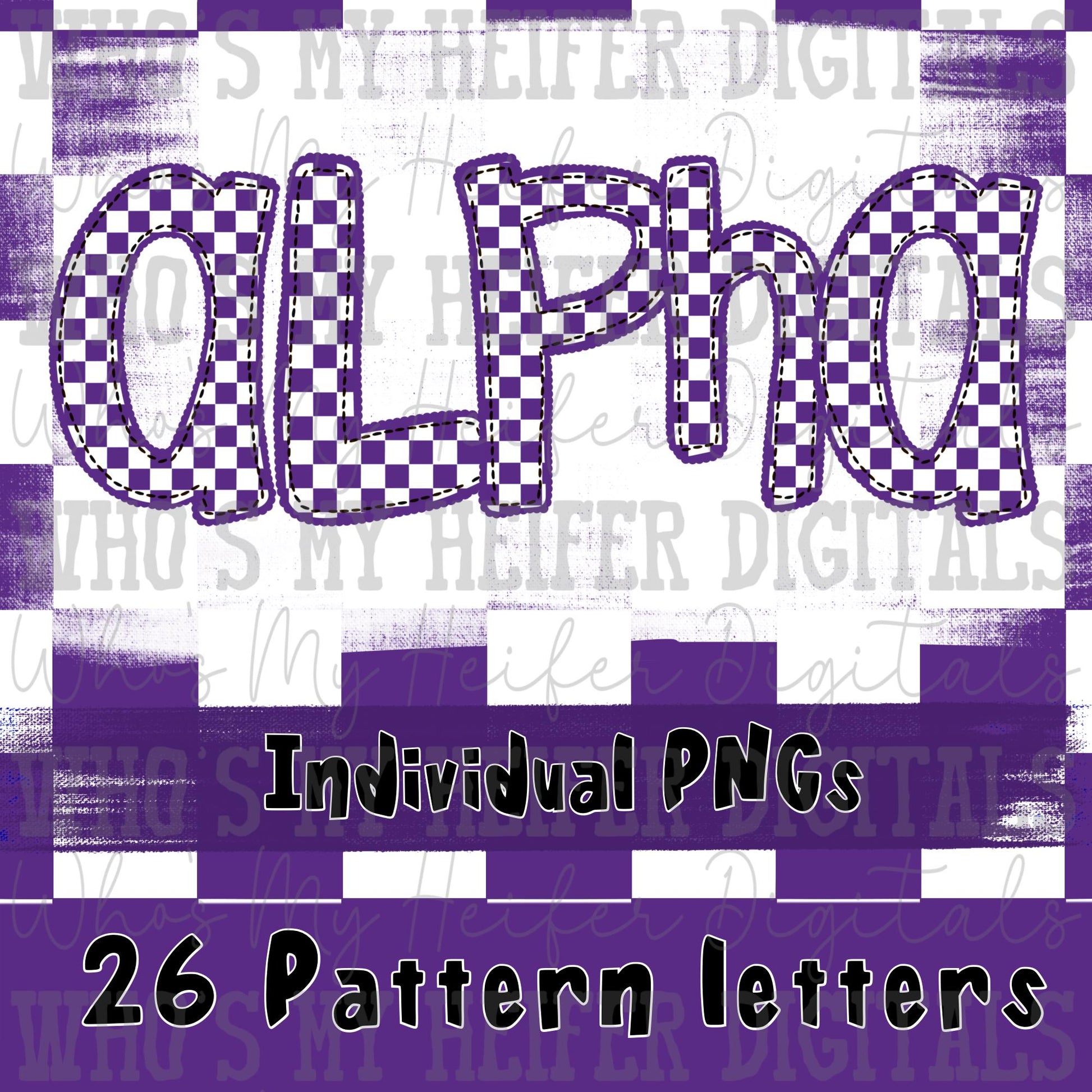 Purple Checkered Scalloped Alpha Font Hand Drawn Checkerboard with Scalloped Outline PNG Font Sublimation Digital Doodle Letters
