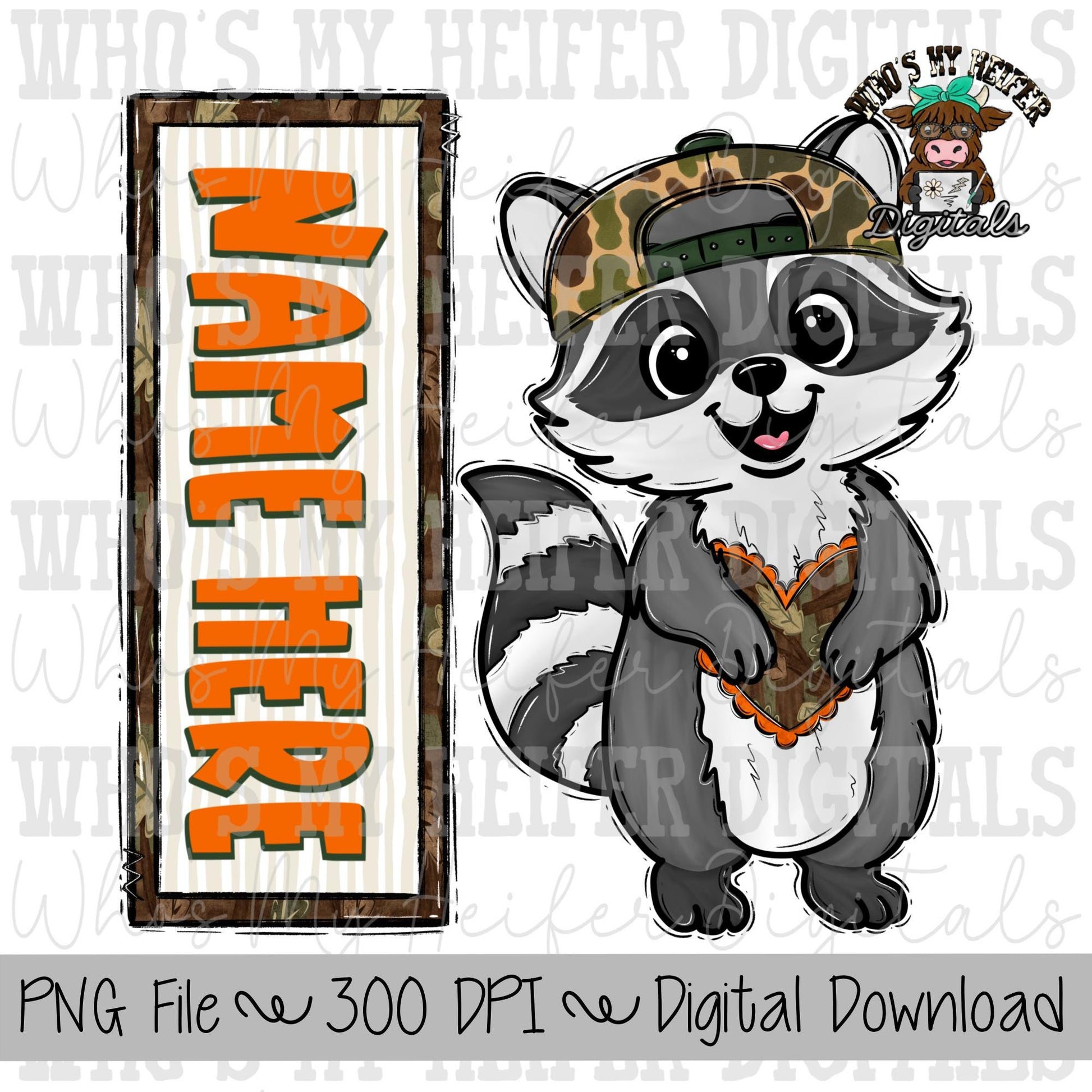 Valentine's Raccoon Name Block Sublimation PNG Hand Drawn Raccoon with Hat PNG Kids Hunting Shirt Design Child Camouflage Doodle Art