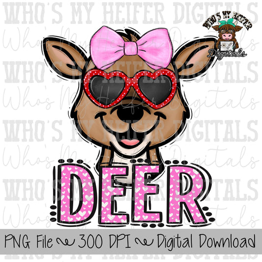 Valentine's Day Deer PNG Hand Drawn Deer with Bow Sublimation PNG Game Day Shirt Design School Spirit Heart Deer Kid Mascot
