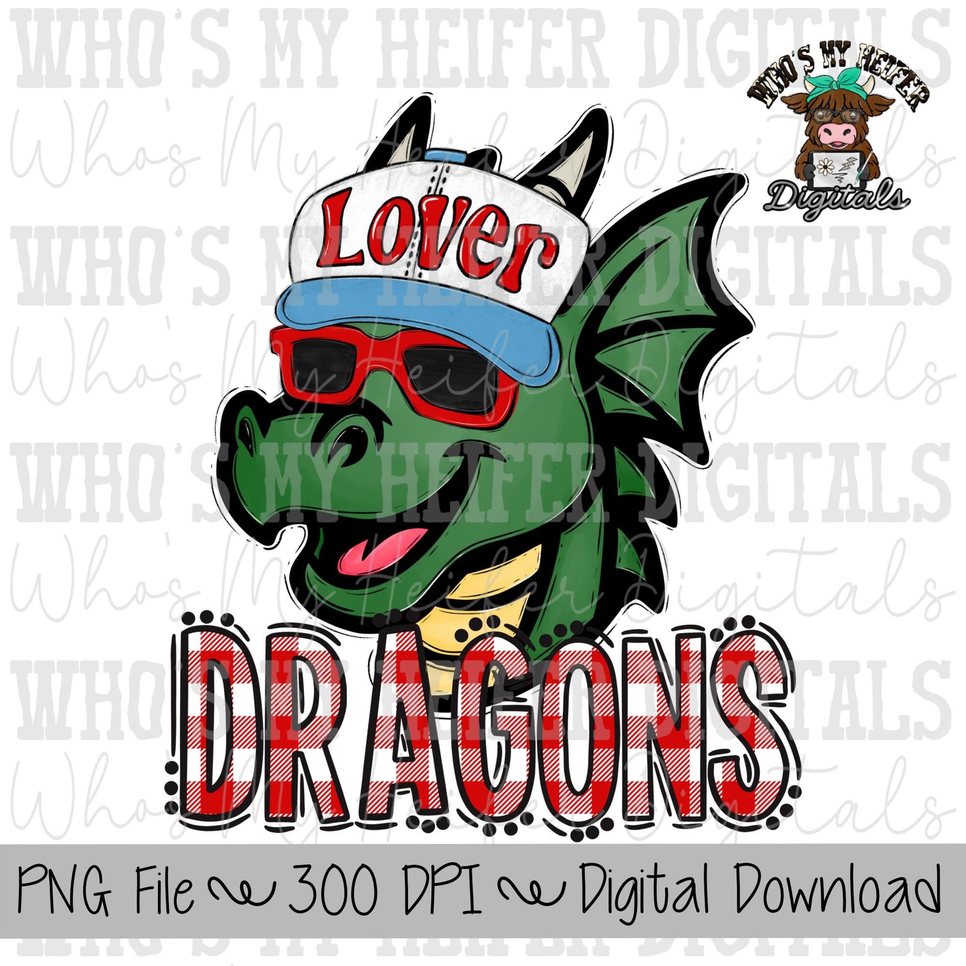 Valentine's Day Dragons PNG Hand Drawn Dragon with Hat Sublimation PNG Game Day Shirt Design School Spirit PNG Plaid Dragon Doodle Art