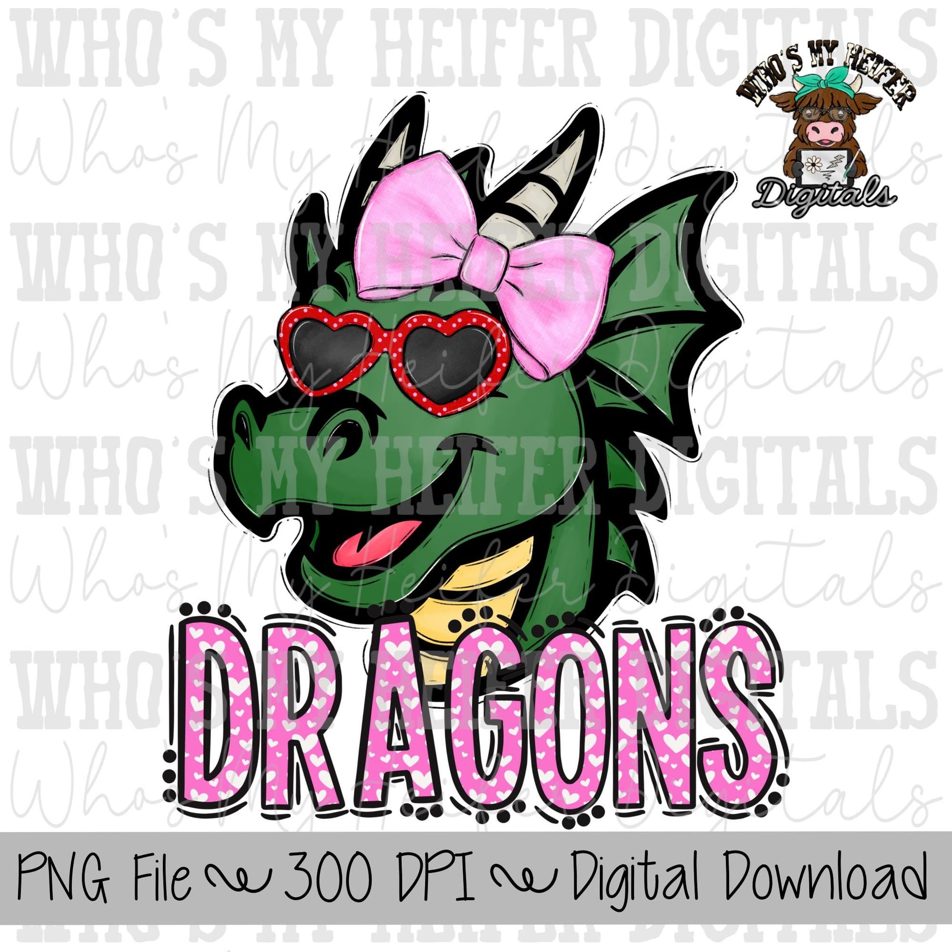 Valentine's Day Dragons PNG Hand Drawn Dragon with Bow Sublimation PNG Game Day Shirt Designs School Spirit PNG Heart Dragon Doodle Art
