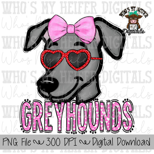 Valentine's Day Greyhounds PNG Hand Drawn Greyhound with Bow Sublimation PNG Game Day Shirt Design School Spirit Heart Greyhound Kid Mascot