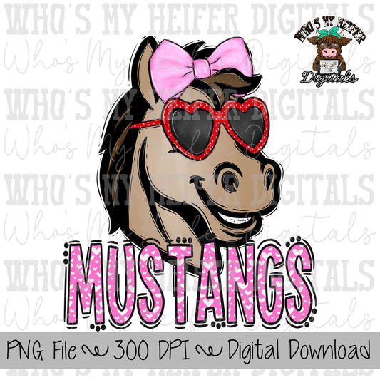 Valentine's Day Mustangs PNG Hand Drawn Mustang with Bow Sublimation PNG Game Day Shirt Design School Spirit Heart Mustang Kid Mascot