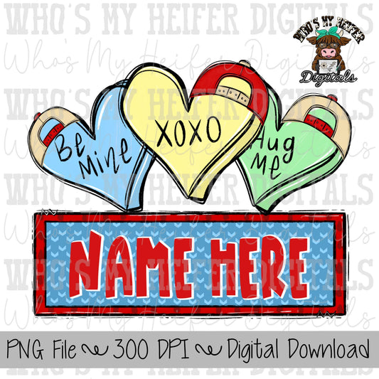 Valentine's Day Heart Candy with Name Block Sublimation PNG Hand Drawn Hearts PNG Kids Shirt Design Love Doodle Art