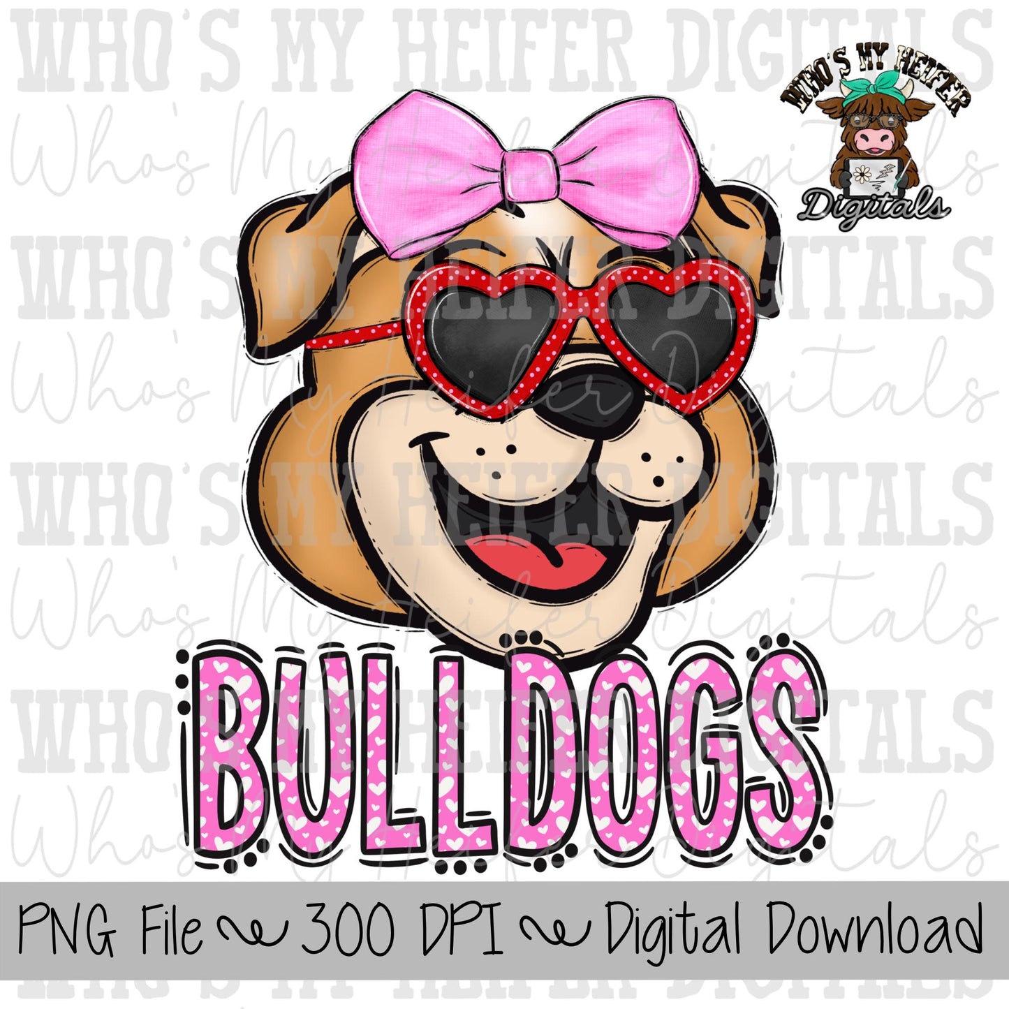 Valentine's Day Bulldogs PNG Hand Drawn Bulldog with Bow Sublimation PNG Game Day Shirt Design School Spirit PNG Heart Bulldog Doodle Art