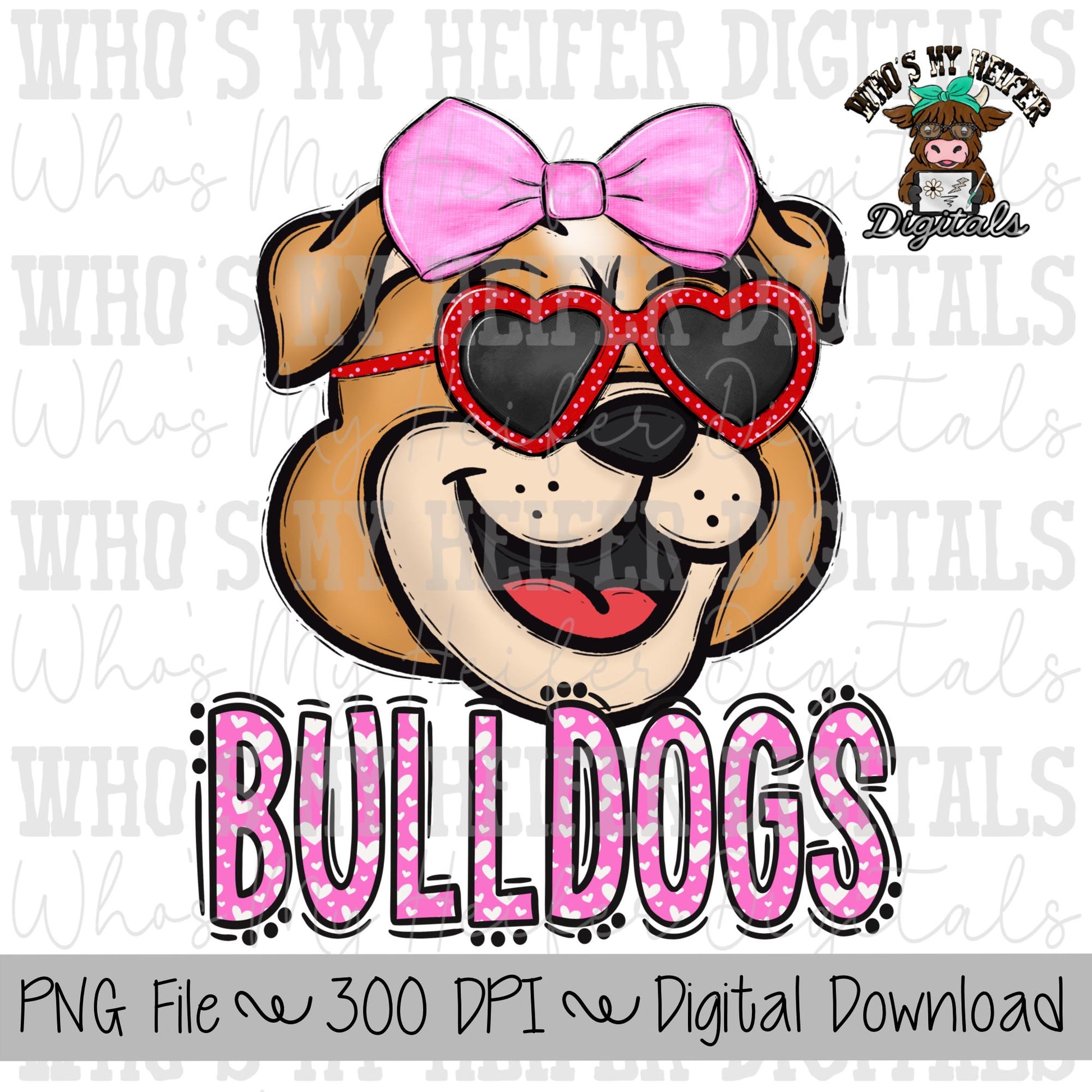 Valentine's Day Bulldogs PNG Hand Drawn Bulldog with Bow Sublimation PNG Game Day Shirt Design School Spirit PNG Heart Bulldog Doodle Art