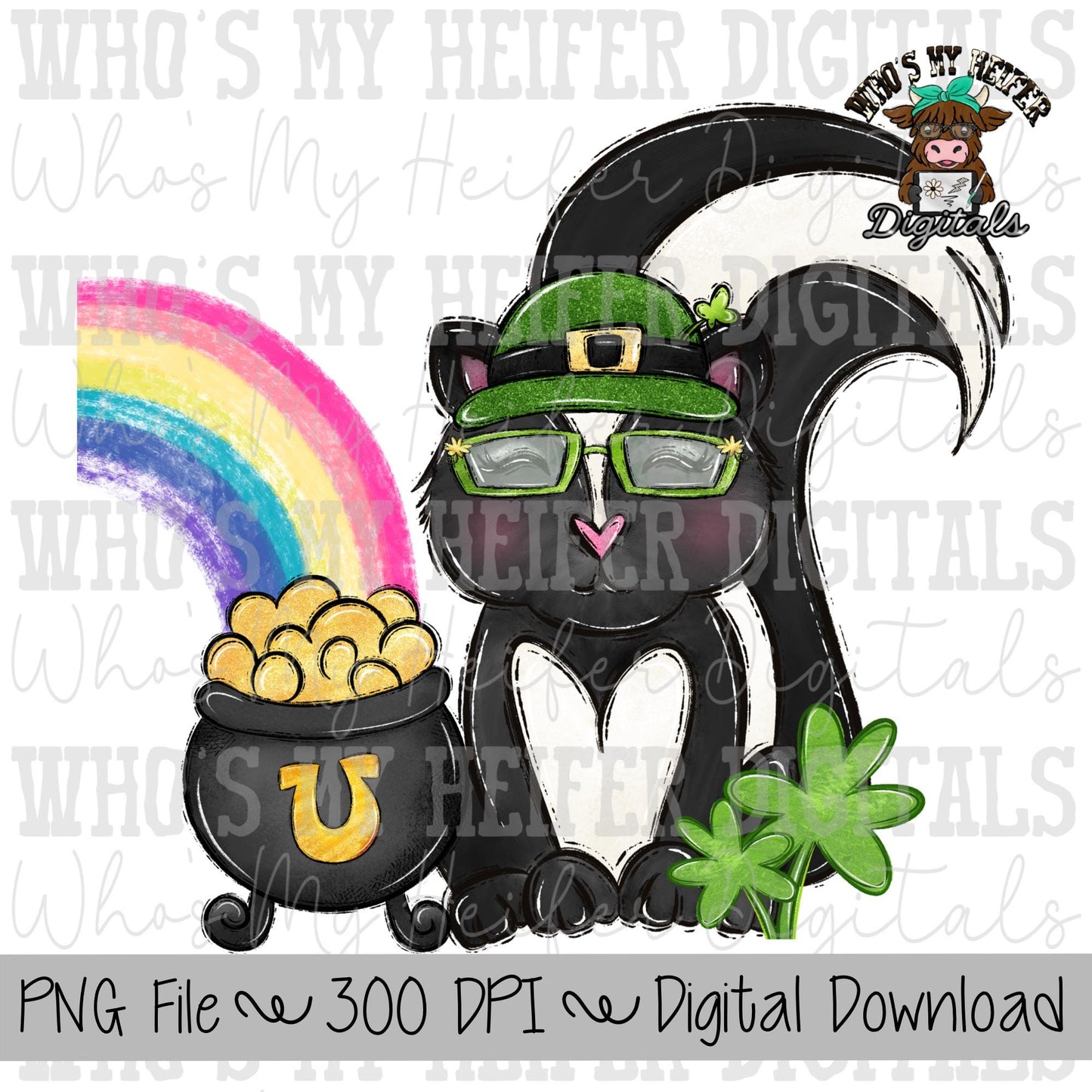 Lucky Skunk Sublimation PNG Hand Drawn Skunk with Hat and Pot of Gold with Rainbow PNG Women and Kids Shirt Design St Patrick Day Doodle Art