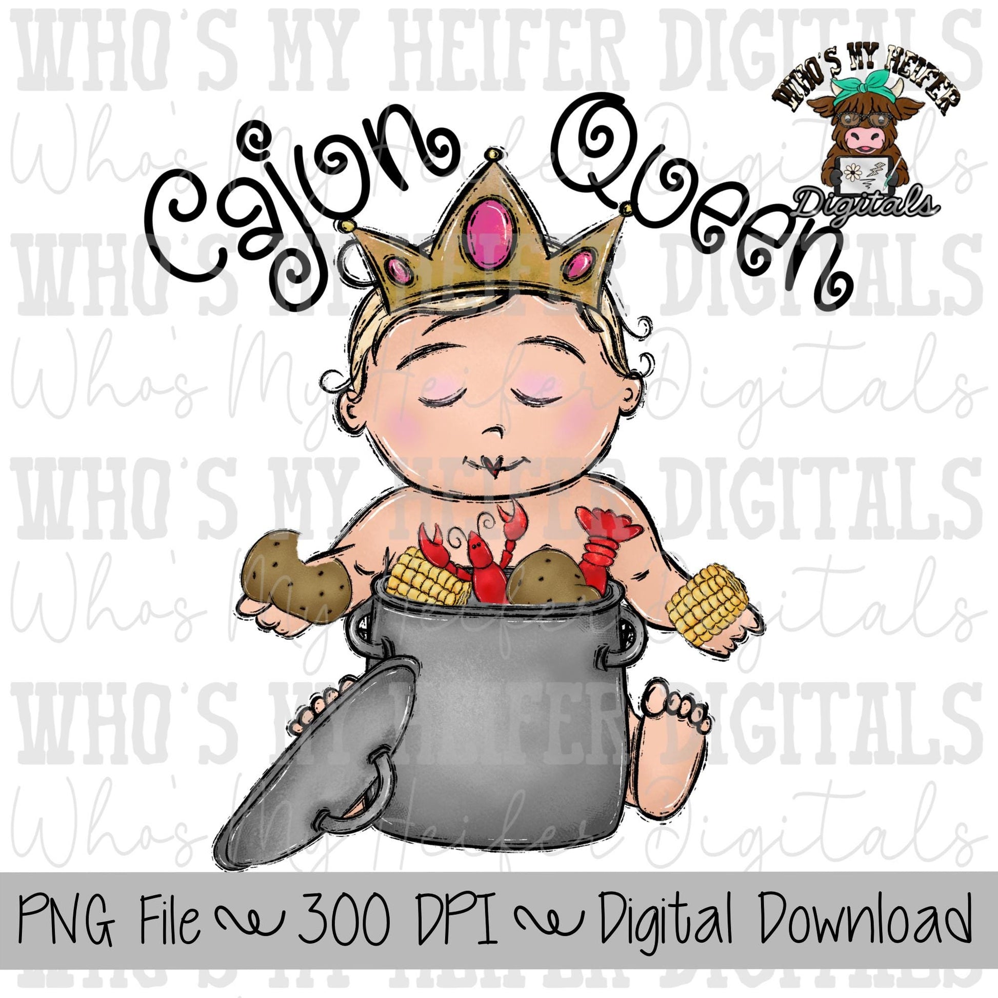 Cajun Queen PNG Hand Drawn Little Girl with Crawfish Boil, & Crown Sublimation PNG Kids Shirt Design Whimsical Kid Doodle Art