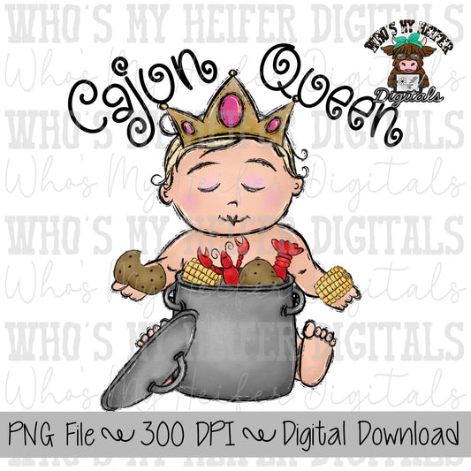 Cajun Queen PNG Hand Drawn Little Girl with Crawfish Boil, & Crown Sublimation PNG Kids Shirt Design Whimsical Kid Doodle Art