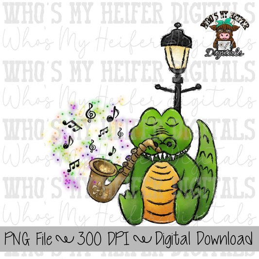 Mardi Gras Gator PNG Hand Drawn Alligator Playing Jazz Sublimation PNG Womens and Kids Shirt Design Whimsical Kid Doodle Art