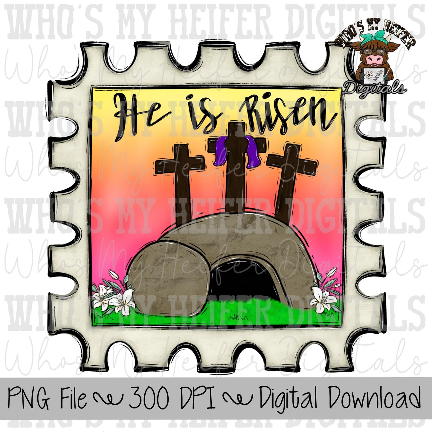 He is Risen PNG Hand Drawn Three Crosses & Tomb Sublimation PNG Womens Kids Shirt Design Christian Easter Doodle Art Faith Based Watercolor