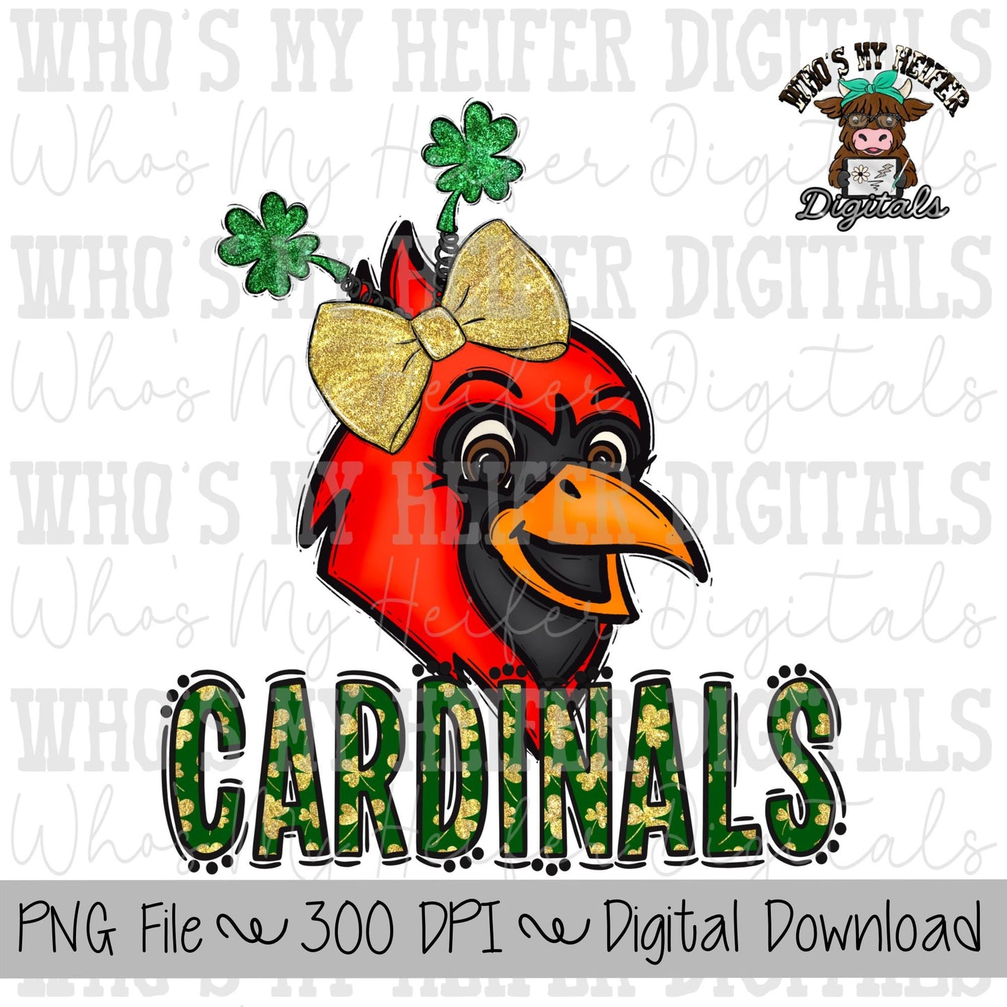 St. Patrick's Day Cardinal PNG Hand Drawn Cardinal with Bow Sublimation PNG Game Day Shirt Designs School Spirit PNG Cardinal Kid Mascot
