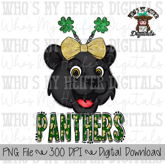 St Patrick's Day Panthers PNG Hand Drawn Panther with Bow Sublimation PNG Game Day Shirt Design School Spirit PNG Clover Panther Doodle Art