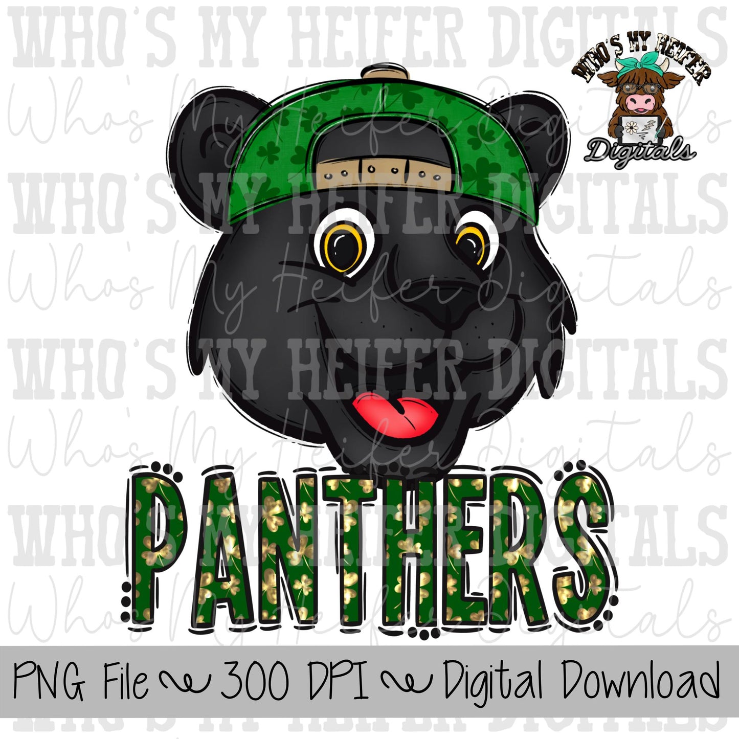 St Patrick's Day Panthers PNG Hand Drawn Panther with Hat Sublimation PNG Game Day Shirt Design School Spirit PNG Clover Panther Doodle Art