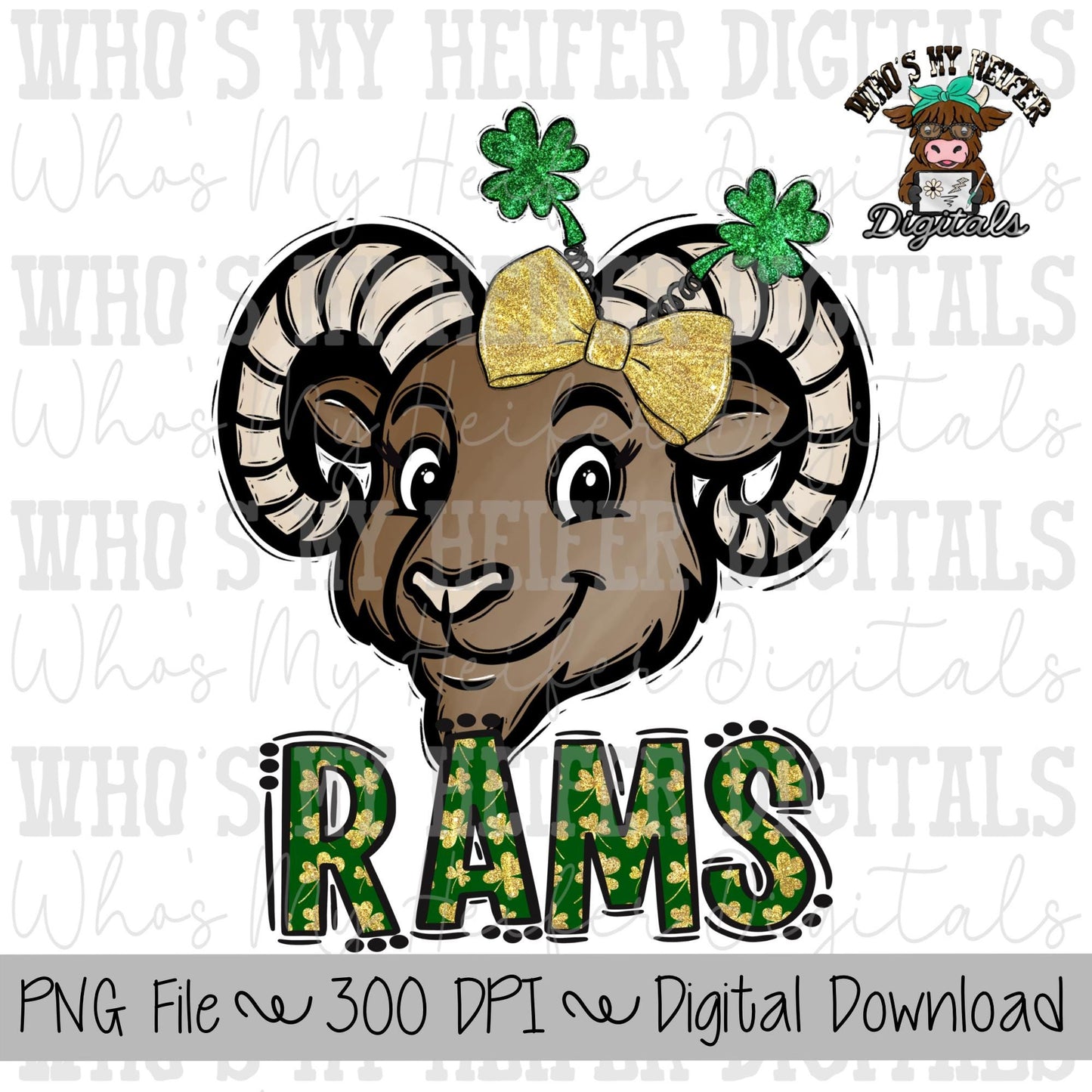 St. Patrick's Day Rams PNG Hand Drawn Ram with Bow Sublimation PNG Game Day Shirt Designs School Spirit PNG Clover Rams Doodle Art