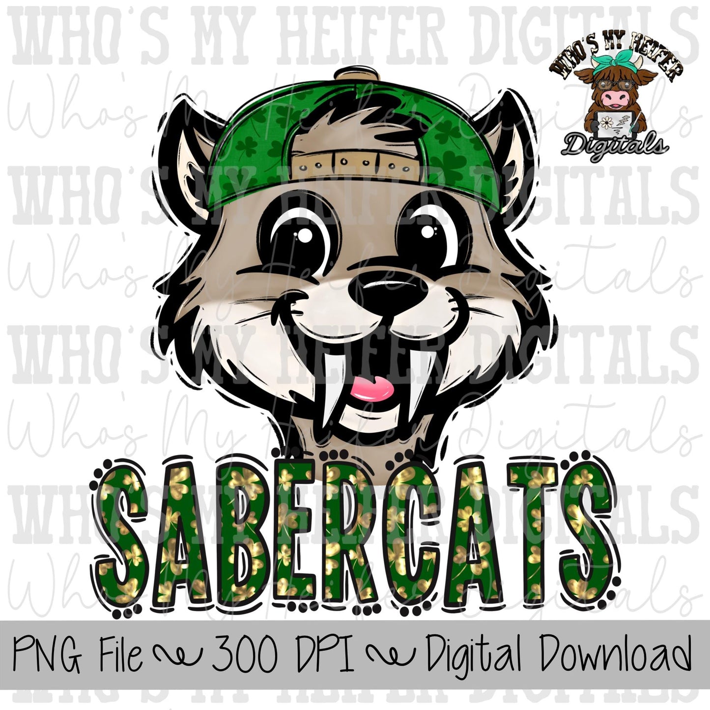 St. Patrick's Day Sabercat PNG Hand Drawn Sabercat with Hat Sublimation PNG Game Day Shirt Designs School Spirit PNG Sabercat Doodle Art