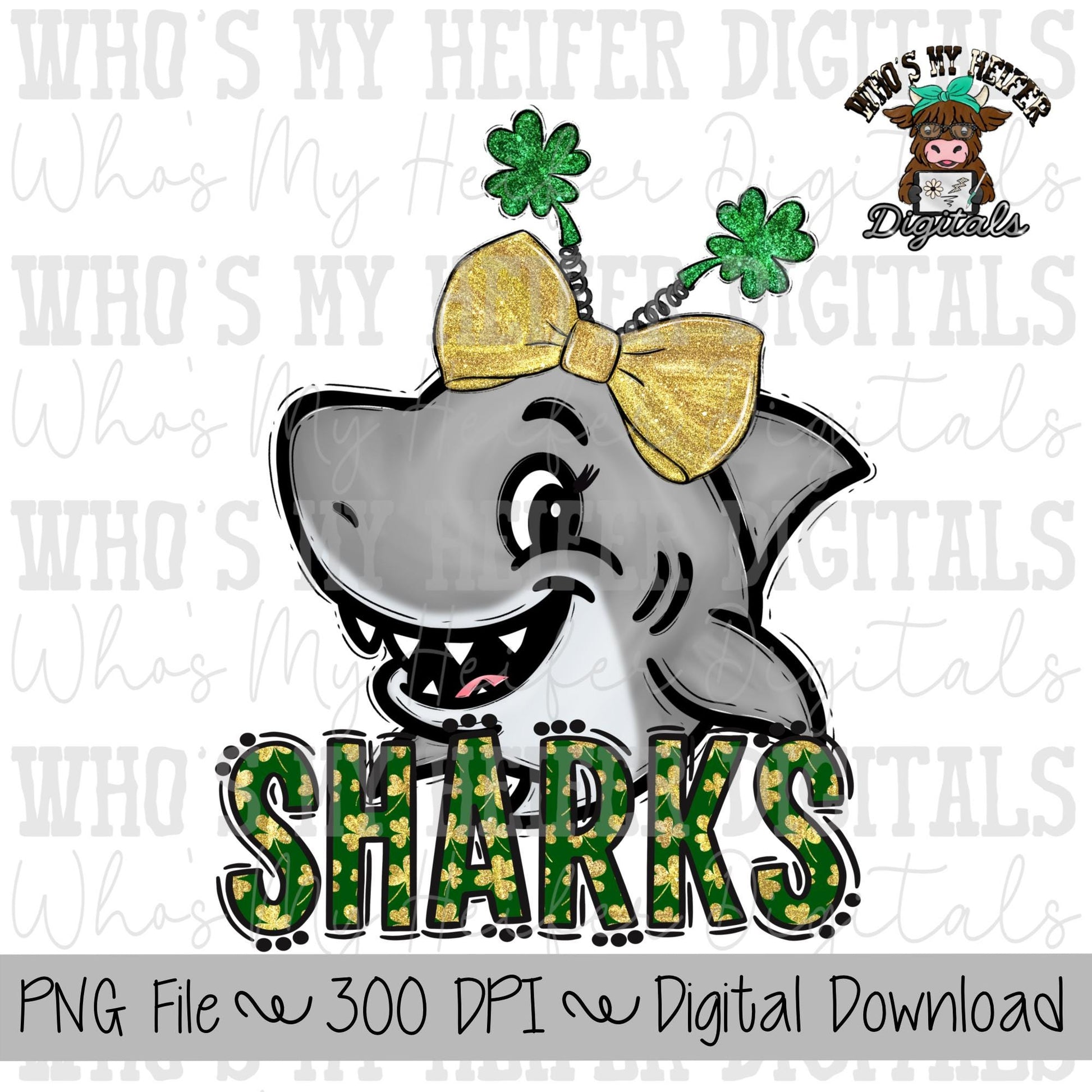St Patrick's Day Sharks PNG Hand Drawn Shark with Bow Sublimation PNG Game Day Shirt Design School Spirit Clover Shark Kid Mascot Doodle