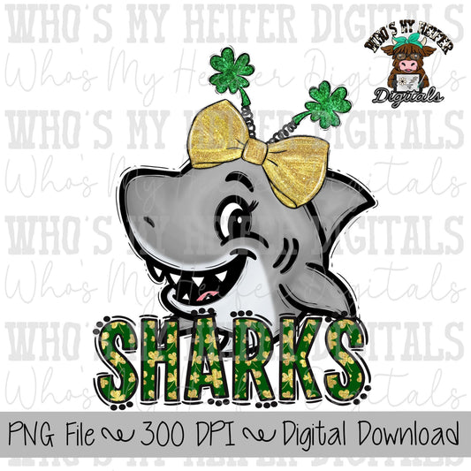 St Patrick's Day Sharks PNG Hand Drawn Shark with Bow Sublimation PNG Game Day Shirt Design School Spirit Clover Shark Kid Mascot Doodle