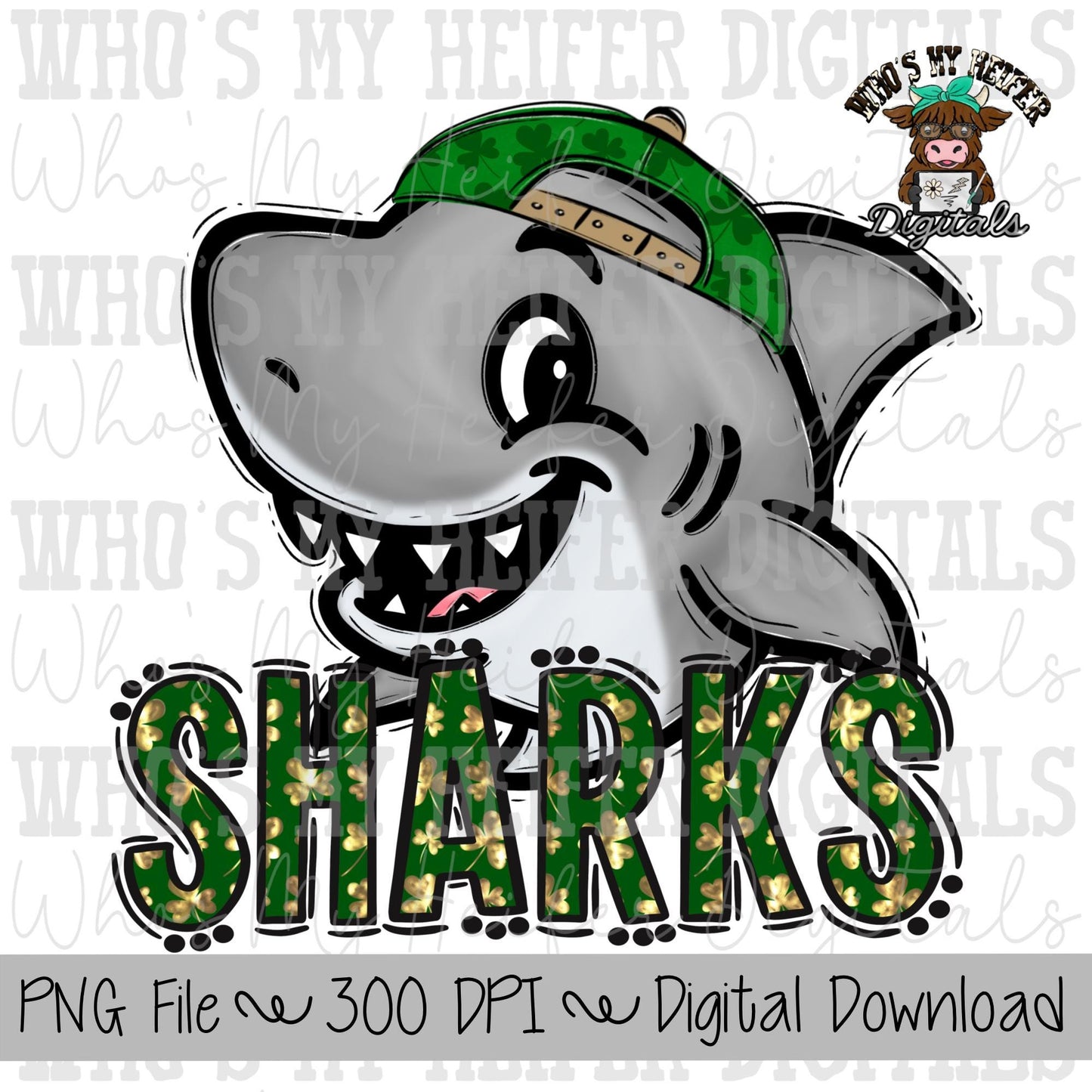 St Patrick's Day Sharks PNG Hand Drawn Shark with Hat Sublimation PNG Game Day Shirt Design School Spirit Clover Shark Kid Mascot Doodle